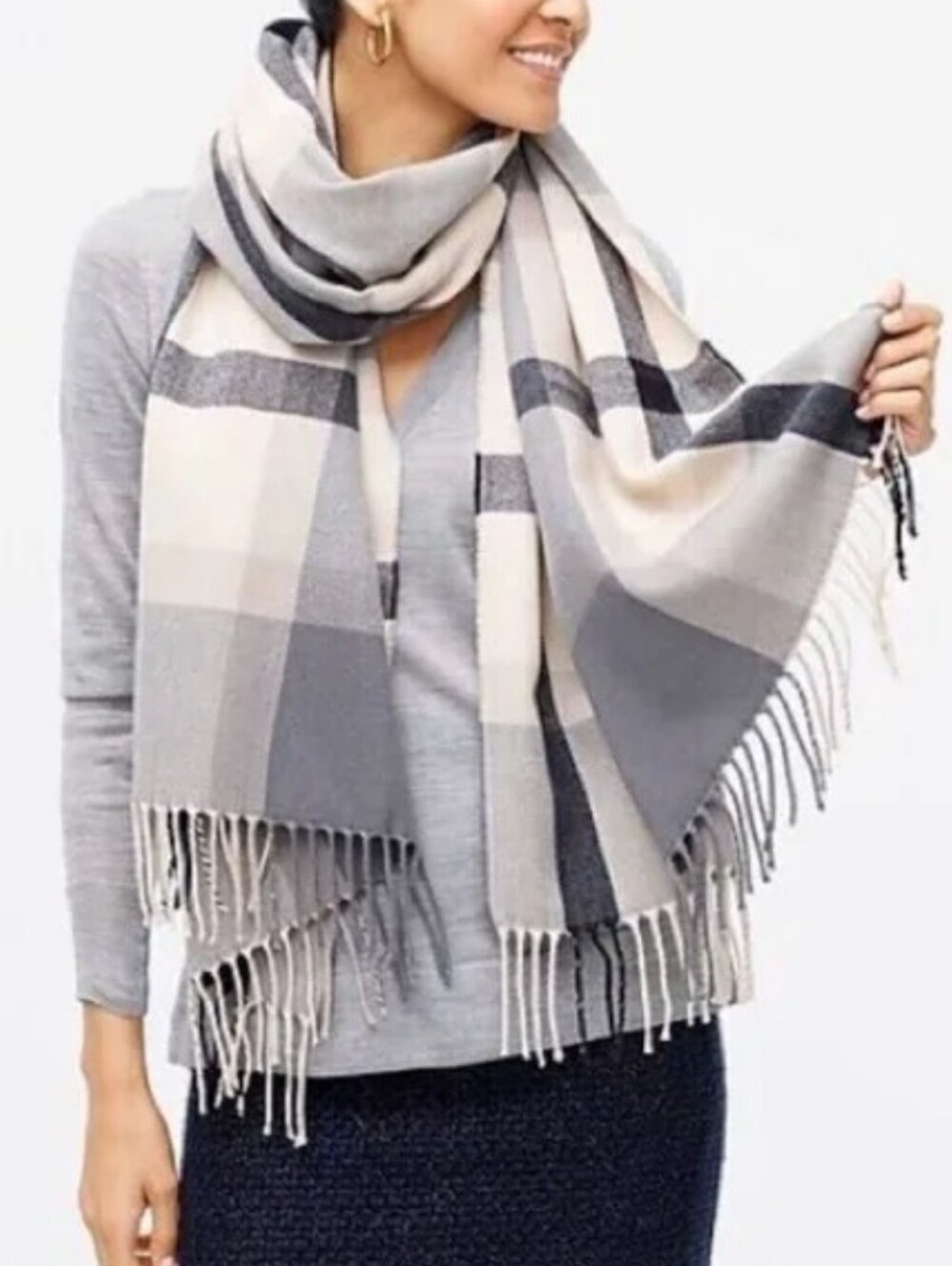 J. Crew Factory Soft Plaid Fringe Scarf in Gray and Cream